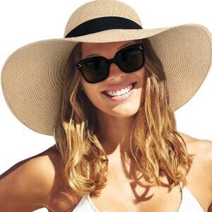 Furtalk Wide Brim Straw Hat, Foldable, With Sun Protection and Chin Strap. NWT